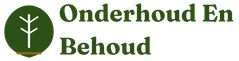 Logo van Onderhoud en Behoud met een gestileerd blad als symbool voor natuur en duurzaam beheer.